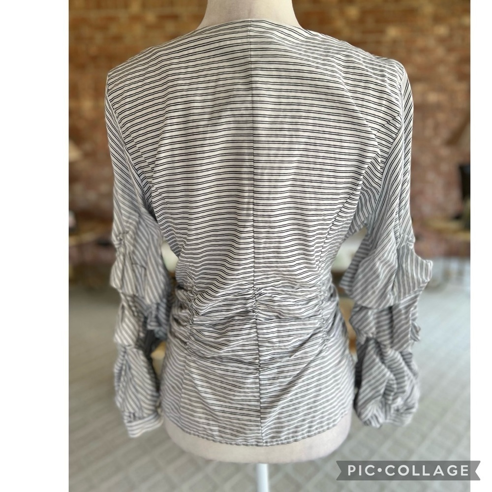 Renee C. Top Tiered Ruched Sleeves White Black Striped Belted V-Neck Cotton M - Picture 9 of 15